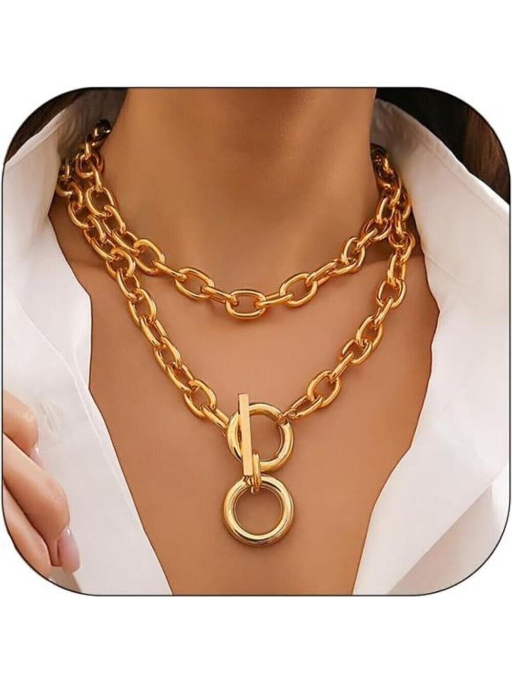 Chunky Gold Chain Necklace for Women Layered Chain with Toggle Circle Pendant